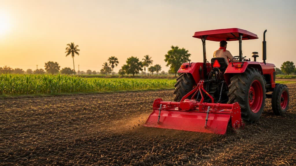 Farmer tilling a field with a tractor at sunset