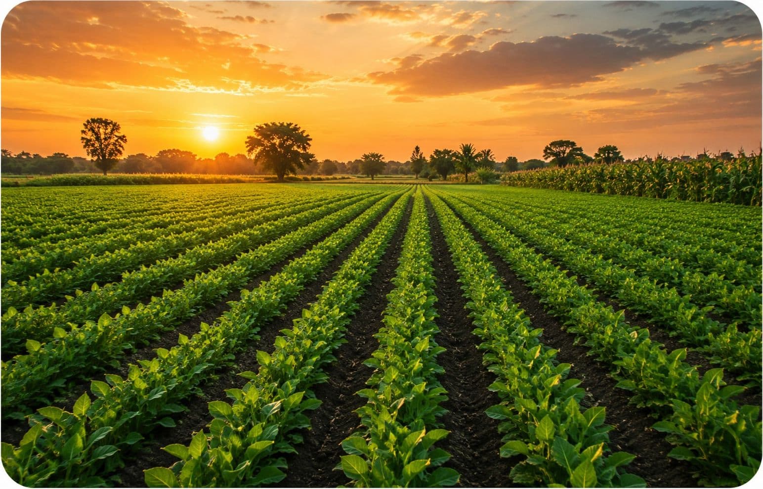 Agricultural field at sunset with rows of crops