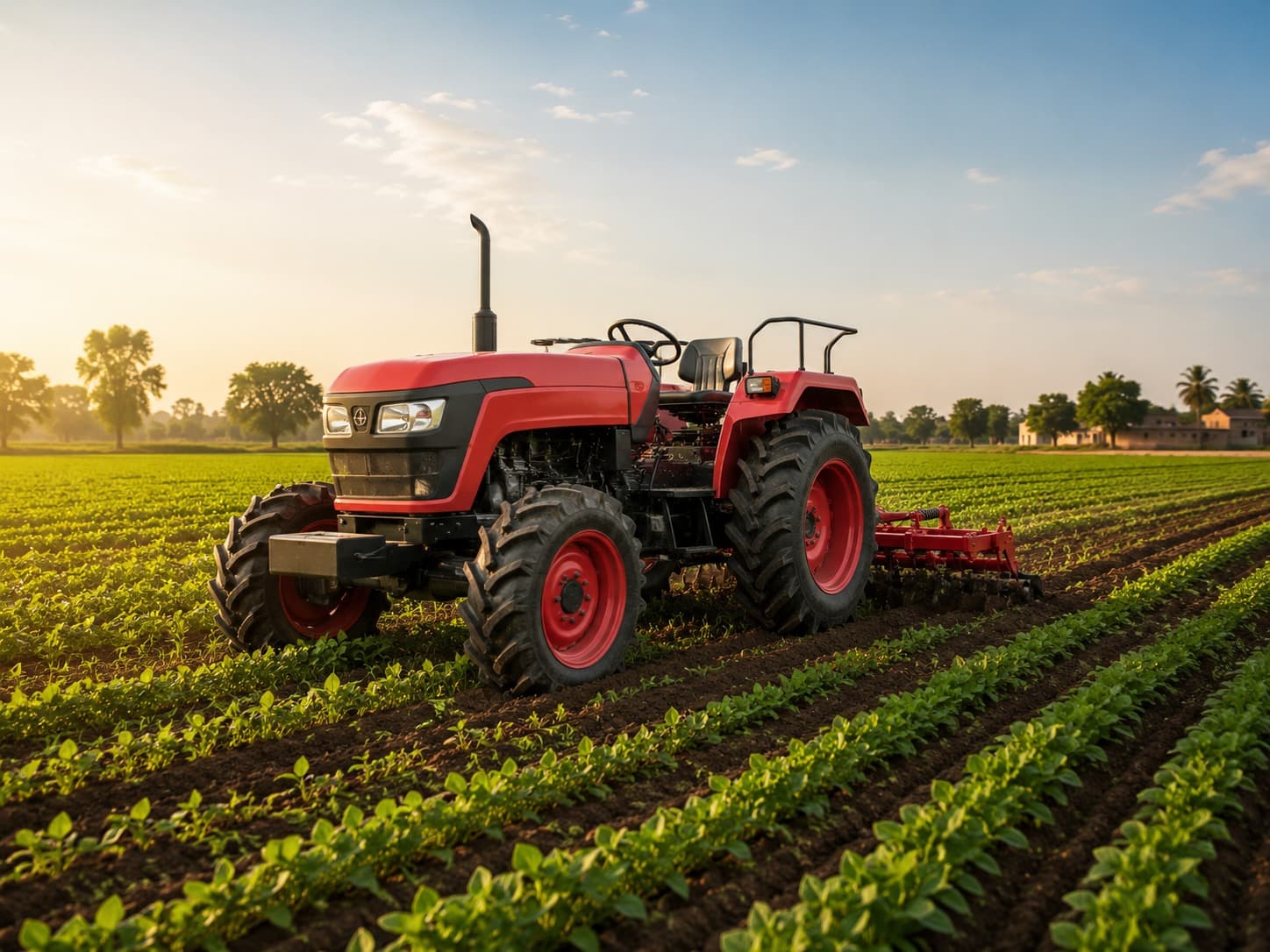 Red tractor working in a farm field at sunset